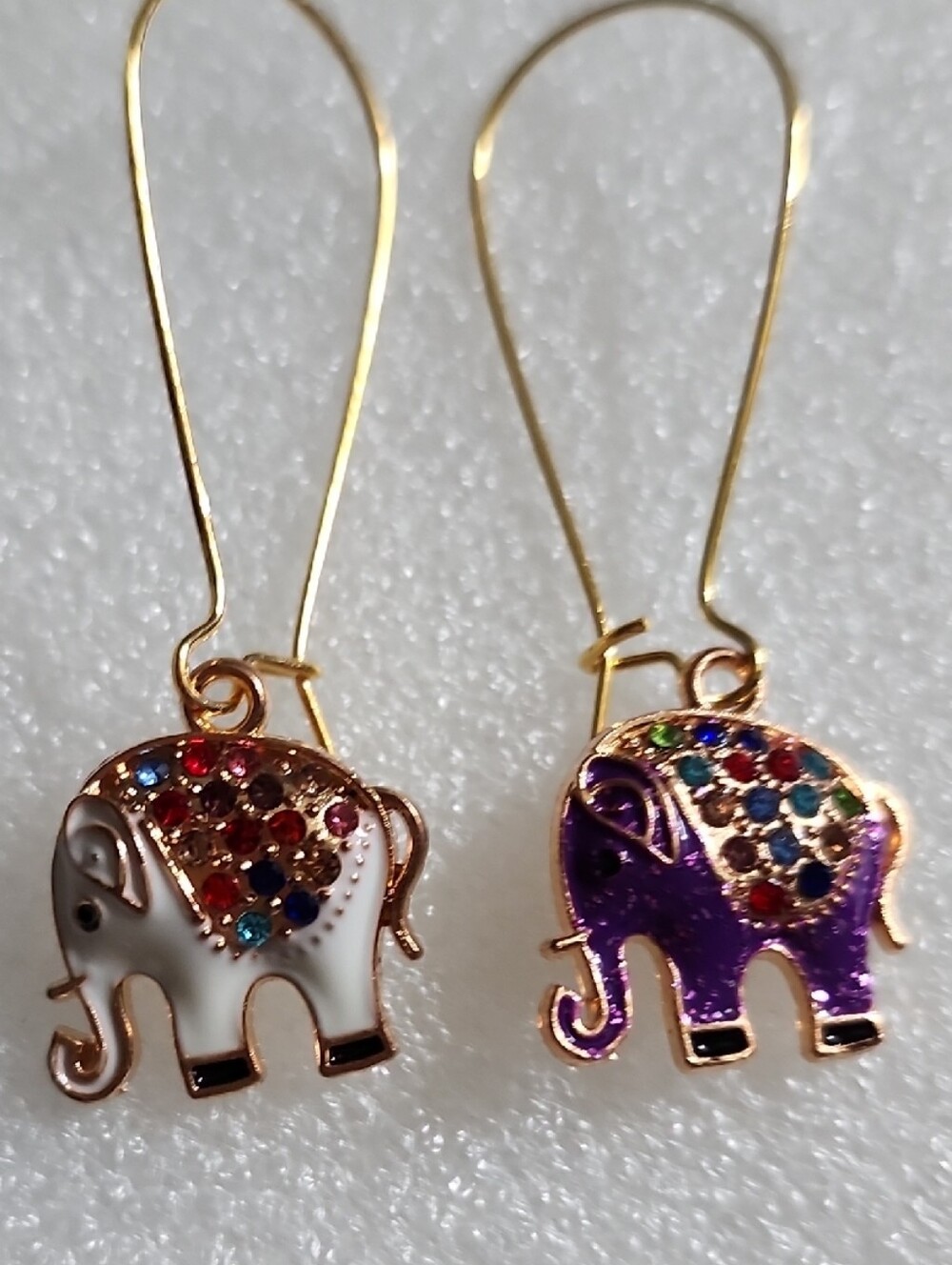 Hand Crafted Gold-Tone Elephant Drop Earrings with White & Purple Enamel